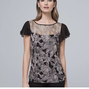 WHBM B and W embroidered mesh top
